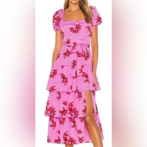 NWT Likely Lottie Puff-Sleeve Floral Ruffle Tiered Midi Dress
